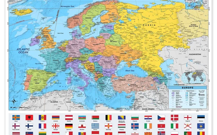 Antique map of pre-1914 Europe with flag pins marking the two rival blocs — alliances definition WW1