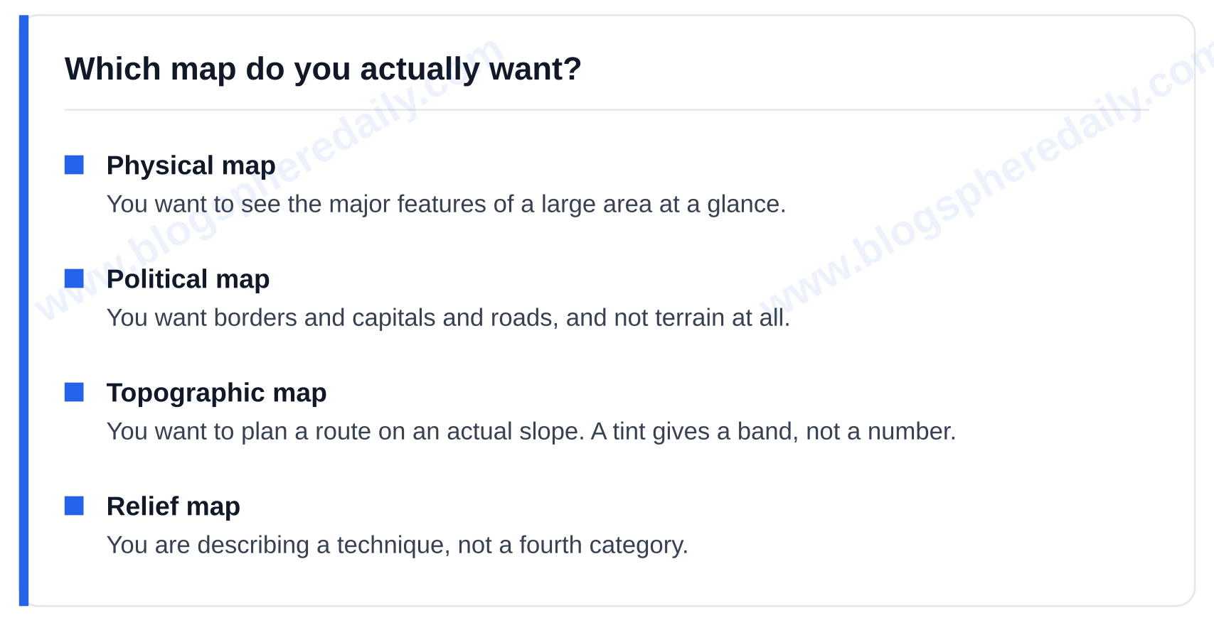 Which map to choose: physical for features at a glance, political for borders and roads, topographic for route planning, relief as a shading technique — physical map definition