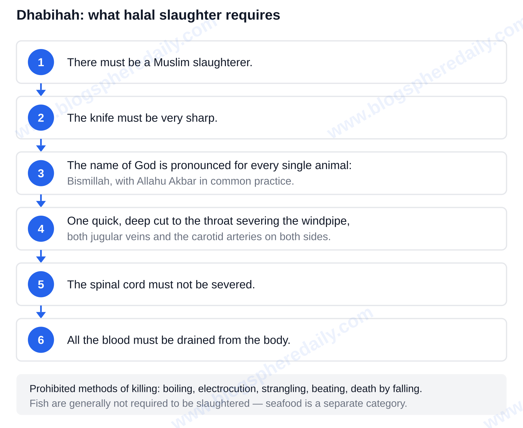 Dhabihah: the six halal slaughter requirements in order — a Muslim slaughterer, a very sharp knife, the invocation of God's name for every animal, one swift deep cut to the throat severing the windpipe and both jugular veins and carotid arteries, the spinal cord left intact, and all blood drained from the body — halal food meaning