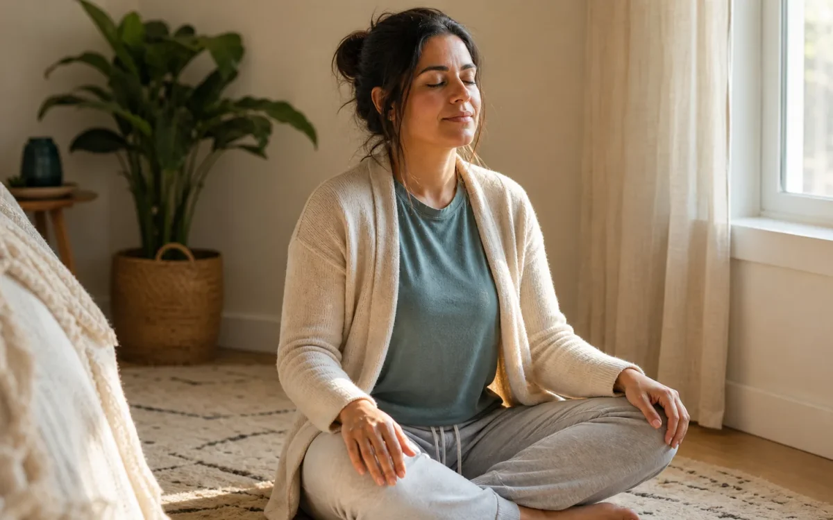 Woman by a sunlit window with eyes closed and open palms, breathing slowly while practising the law of detachment