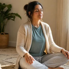 Woman by a sunlit window with eyes closed and open palms, breathing slowly while practising the law of detachment