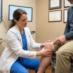 Clinician examining a patient's injured knee on an exam table while assessing types of knee dislocation