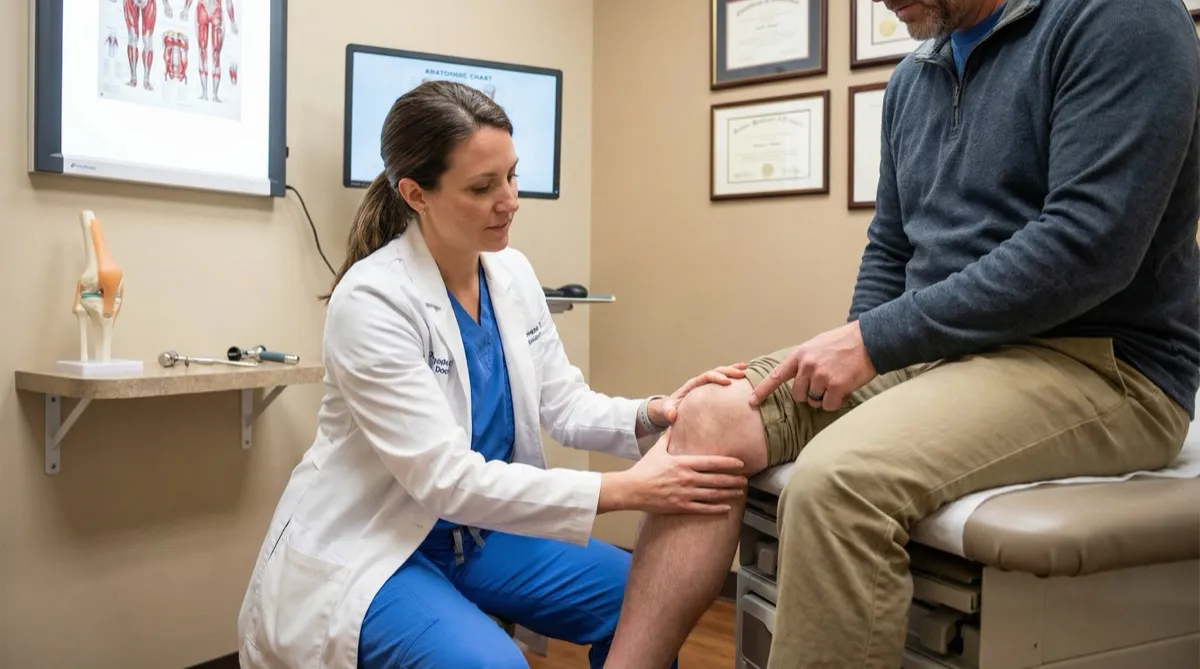 Clinician examining a patient's injured knee on an exam table while assessing types of knee dislocation